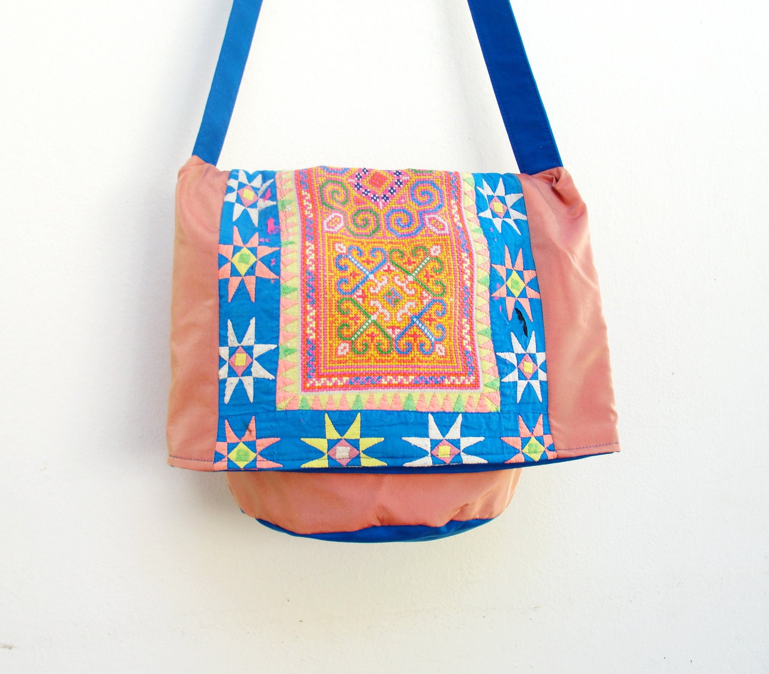 Fold Top Shoulder Bag - Vintage Embroidered Quilted and Patchwork