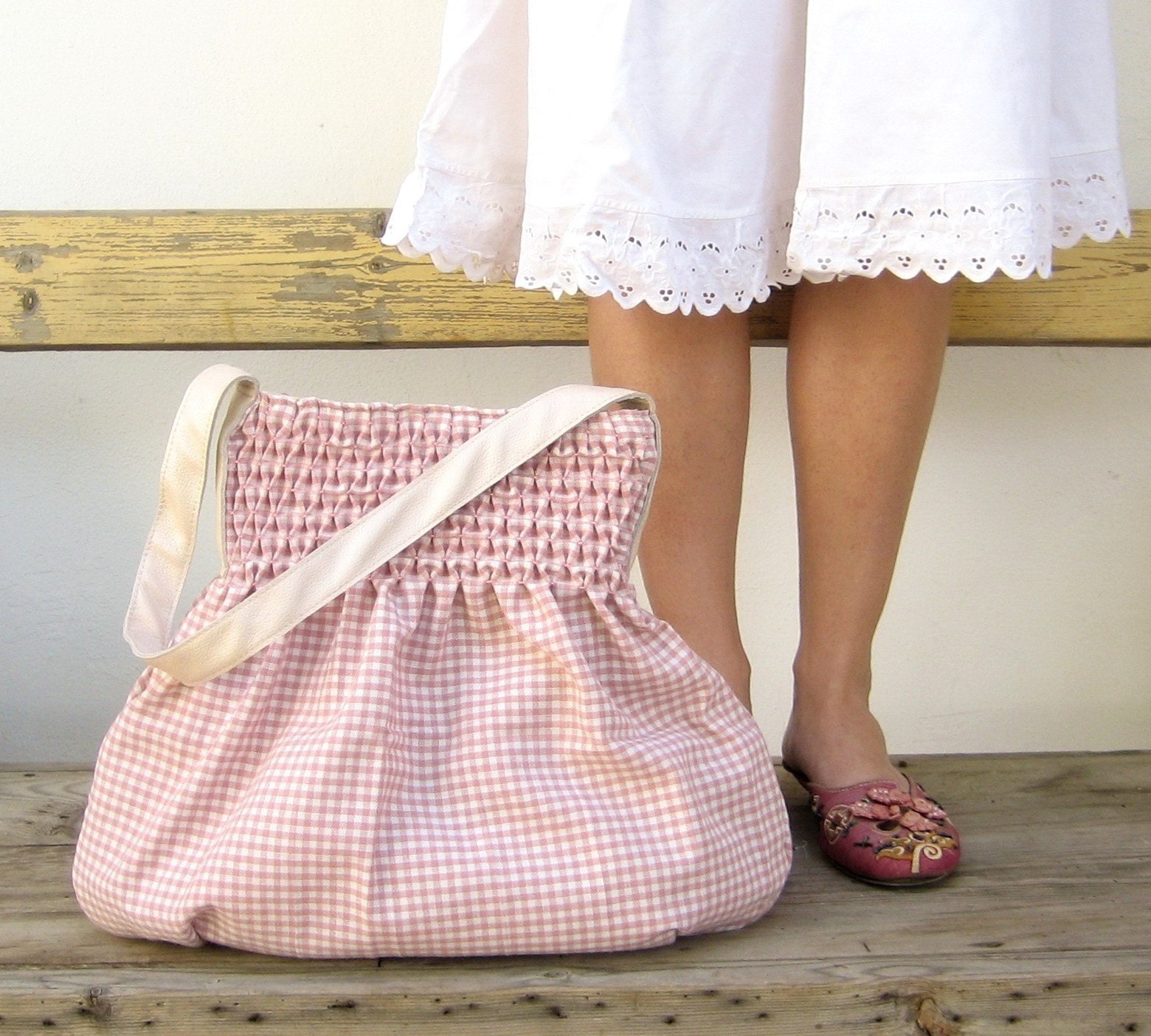 Smocked Gingham Pleated Bag- Vintage wool Fabric and Leather Strap