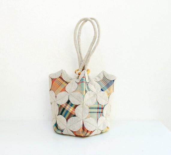 Plaids and Petals Bag - Window Quilting and Orinuno with Vintage Linen