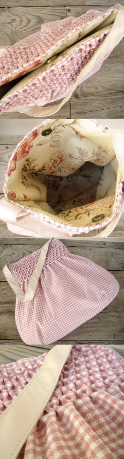 Smocked Gingham Pleated Bag- Vintage wool Fabric and Leather Strap