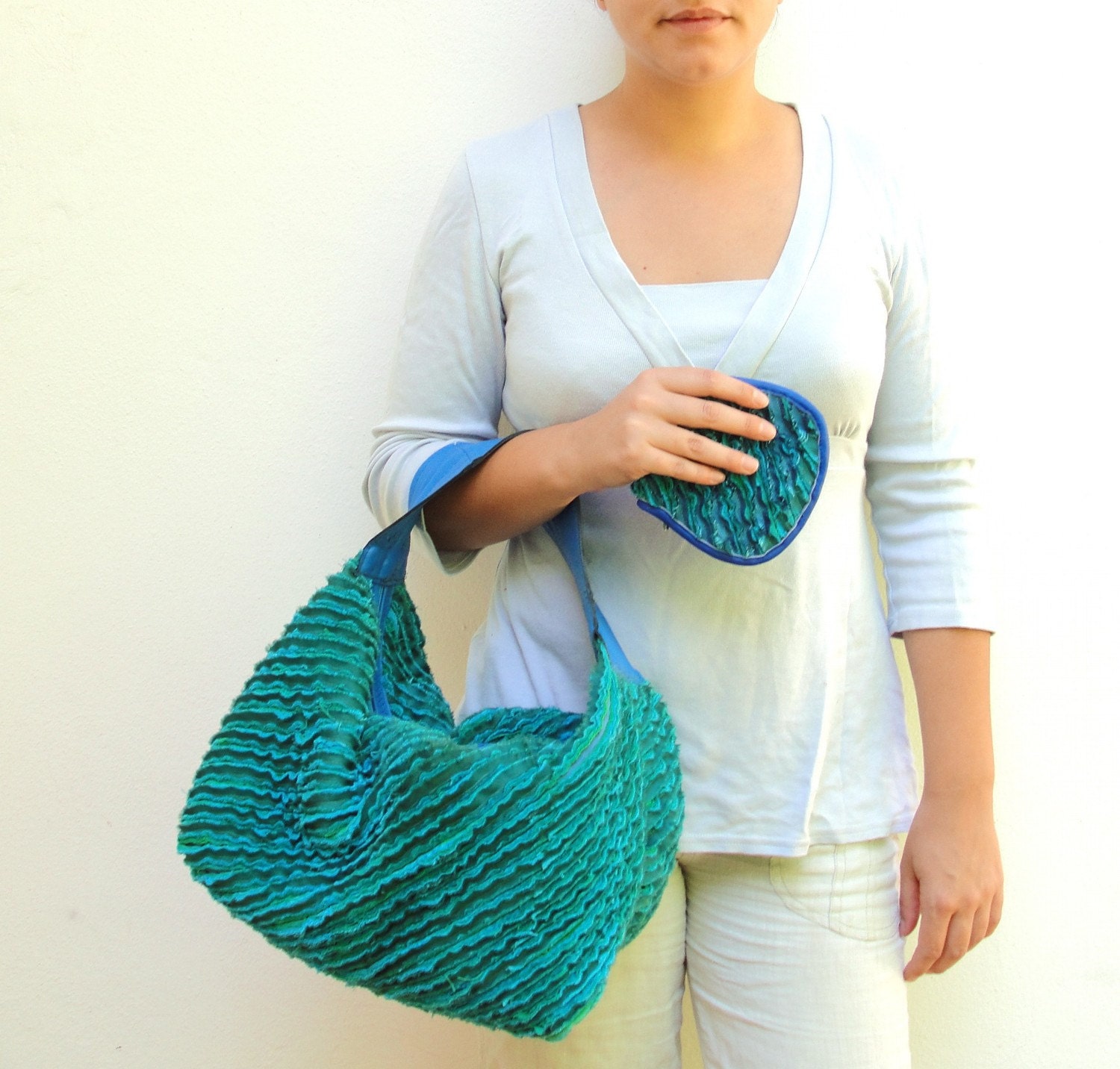 Teal Fordite Hobo Bag - Leather and Faux Chenille