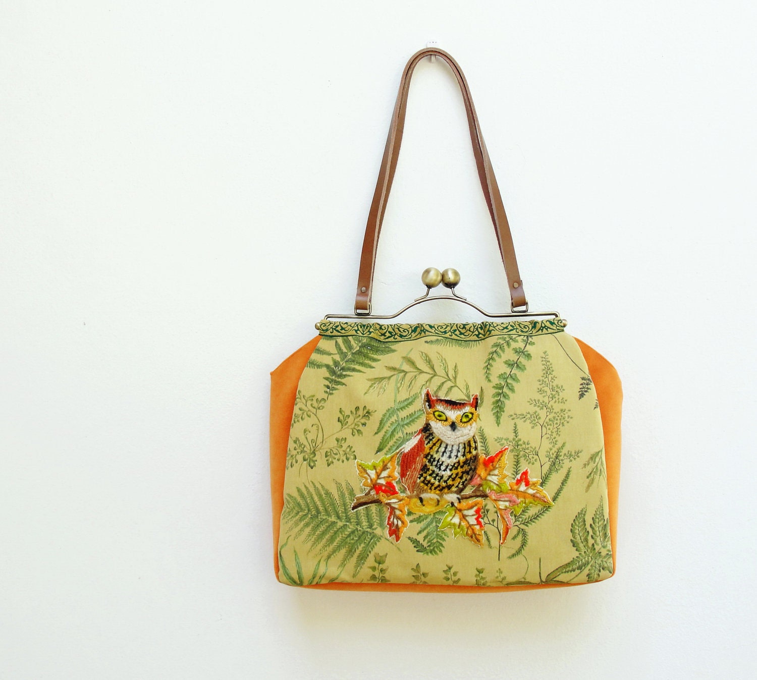 Woodland Owl Bag - Vintage Embroidery, Linen, Kiss-lock, Leather, Velvet