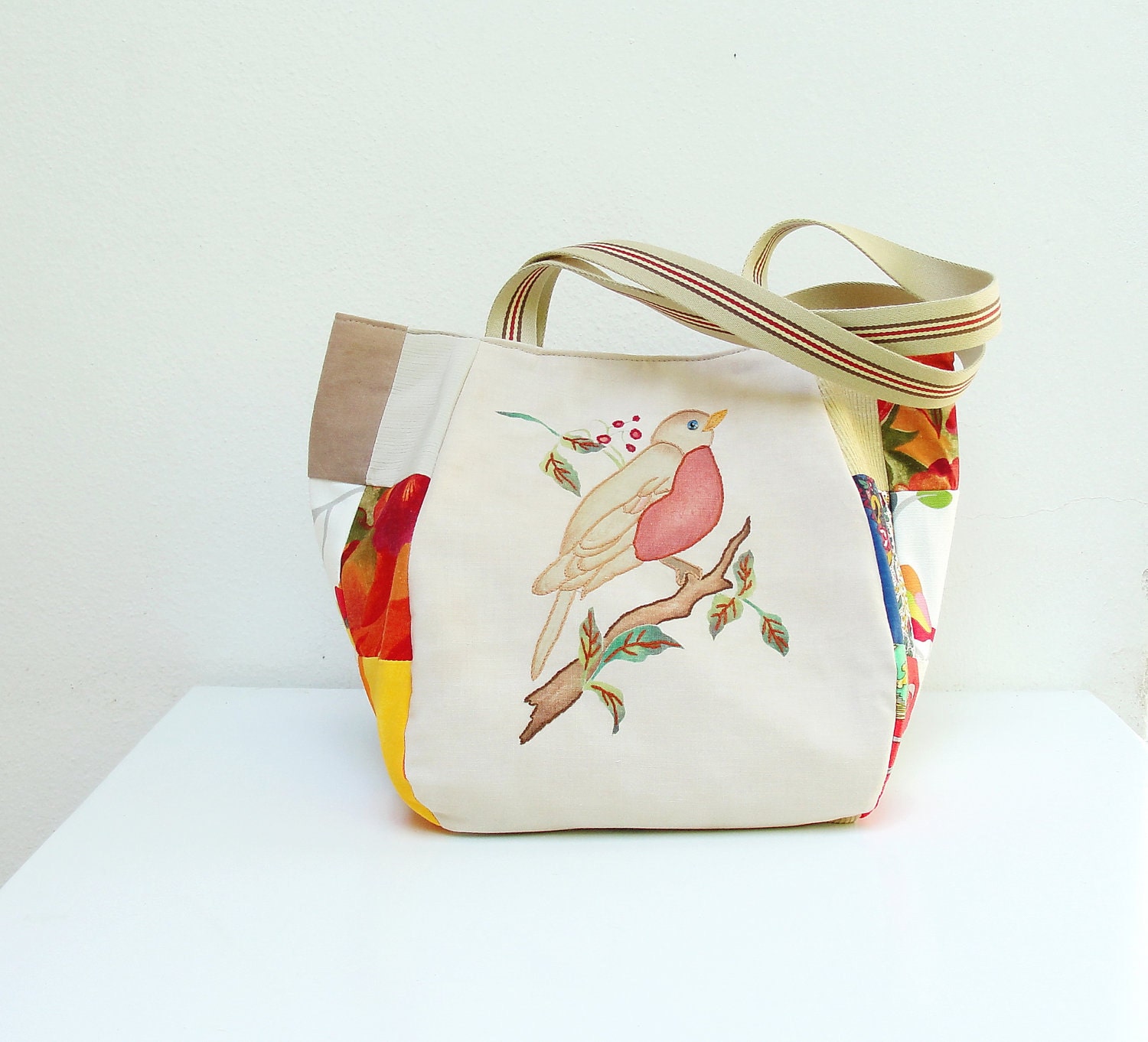 RESERVED Woodland Bird Bag - Vintage Embroidery and Patchwork