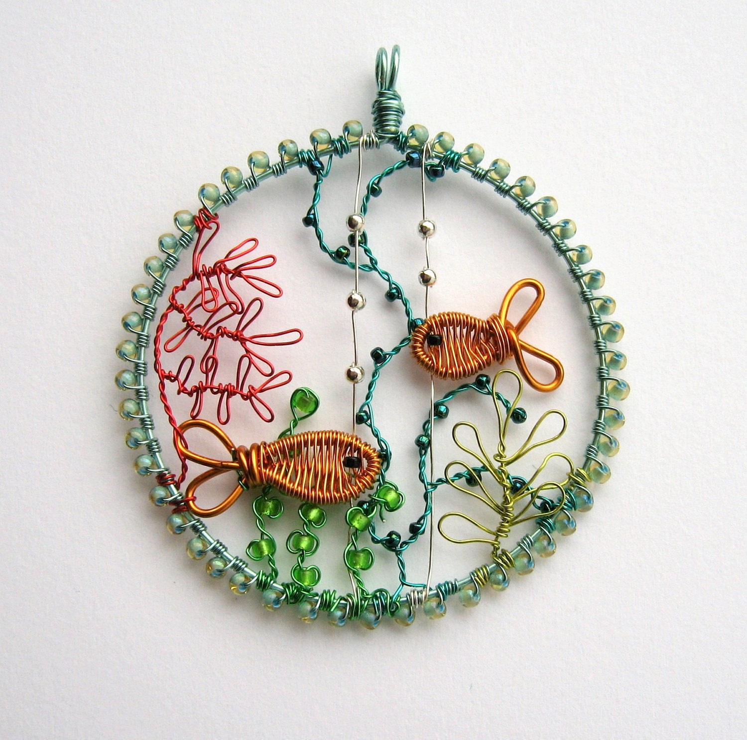 In The Shallows wire and bead underwater coral reef scene pendant