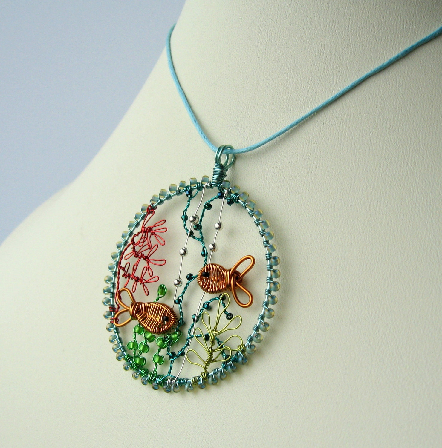 In The Shallows wire and bead underwater coral reef scene pendant