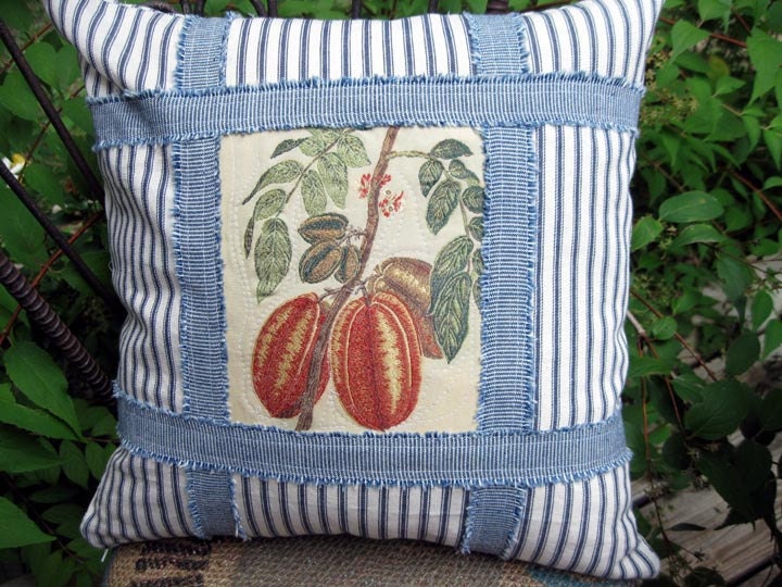 Orange Fruit and Blue Ticking Pillow Cover