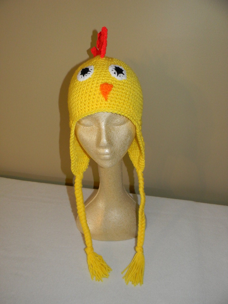 Chicken Hat Crocheted with Earflaps(available in 6 different sizes baby to adult))