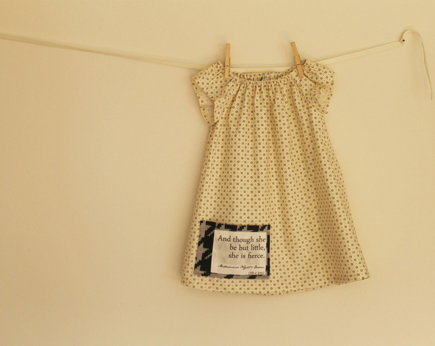 SALE 40% OFF - Fierce dress - Cream polka dot peasant dress with Shakespeare inspired applique - Fight like a girl