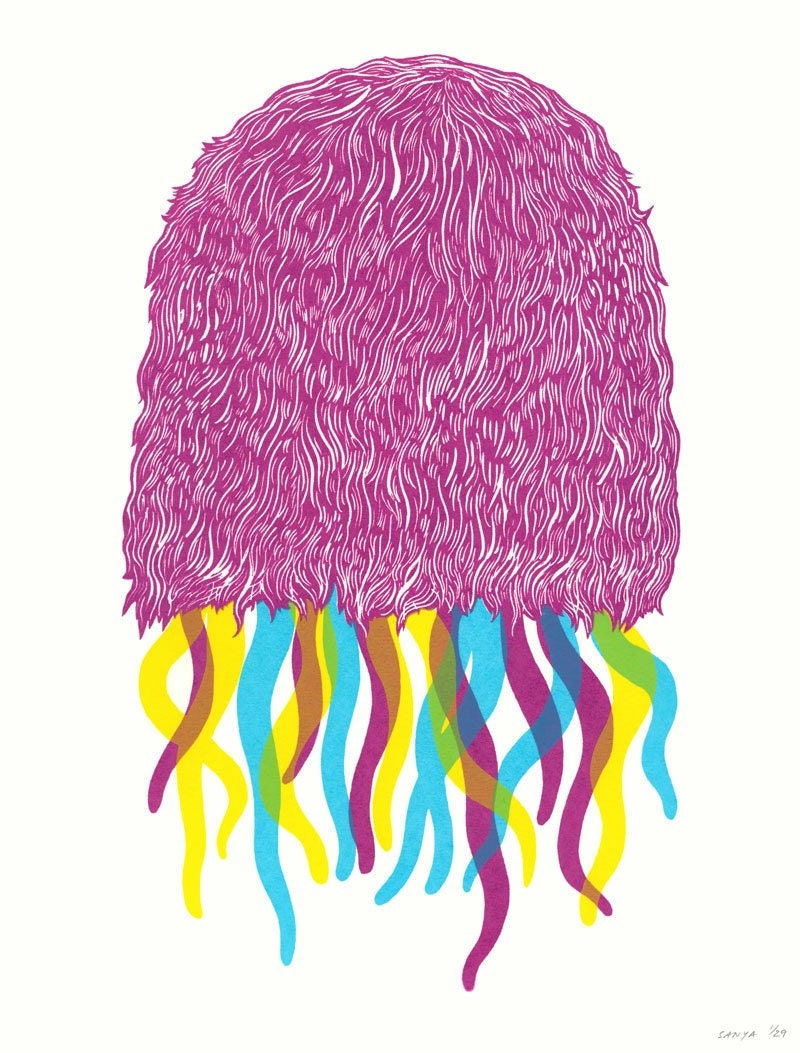 Hairy Pink Jellyfish Screenprint, Limited-Ed., hand-printed