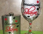 Large Wine Glass and Flask Set Personalized