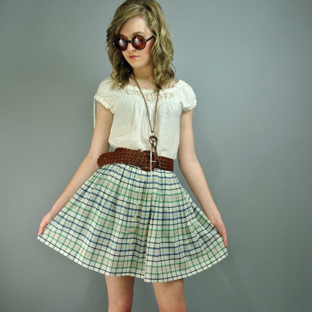 60s FULL skirt PLEATED skirt - schoolgirl chic plaid cotton High Waist skirt w/ full pleatst XS/S Extra Small / Small