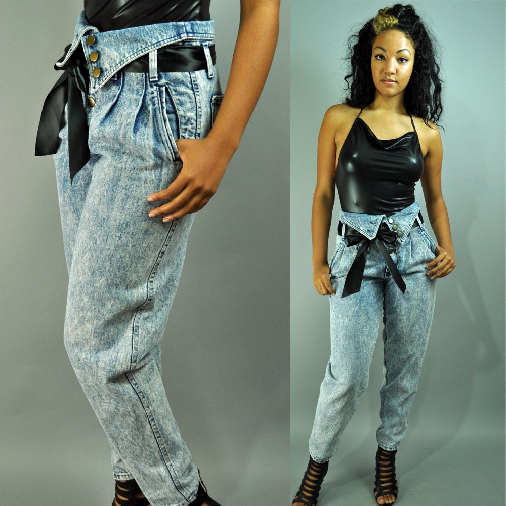 80s high waist FOLDOVER denim jeans - skinny leg harem jeans ACID wash denim w/ super high rise & pleated front M / Medium