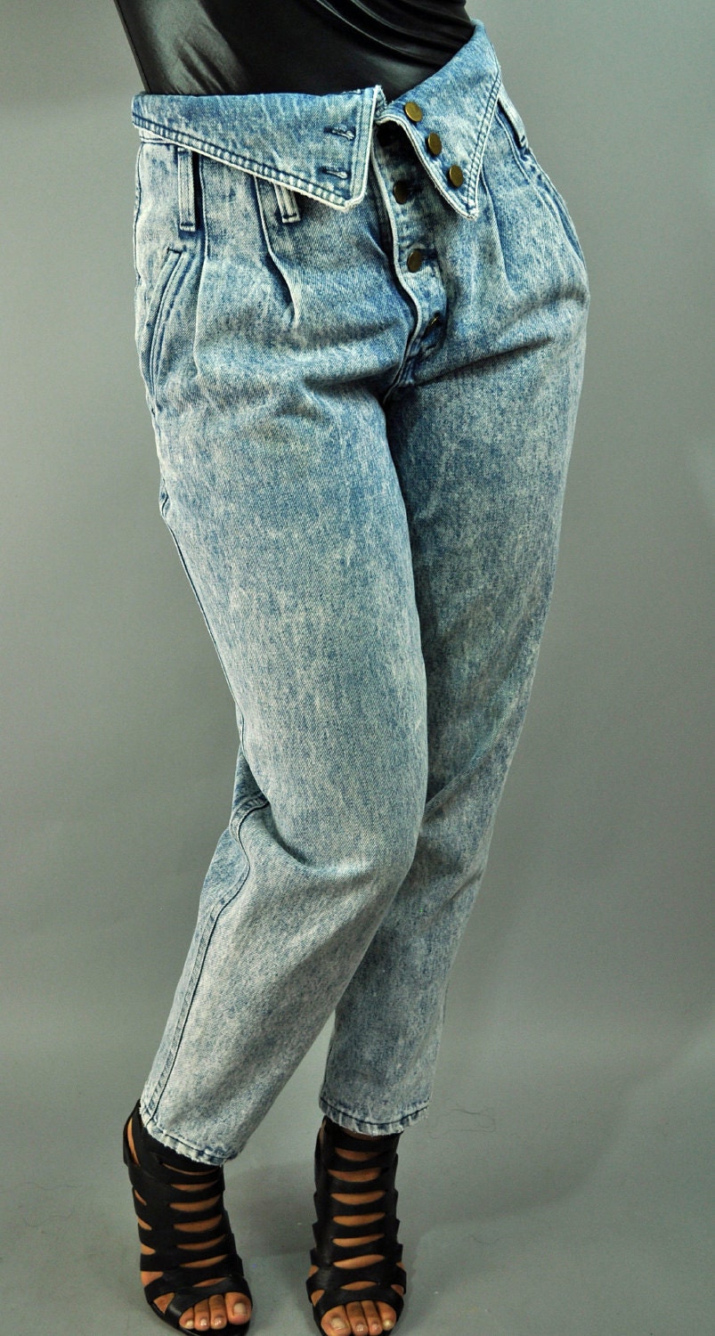 80s high waist FOLDOVER denim jeans - skinny leg harem jeans ACID wash denim w/ super high rise & pleated front M / Medium