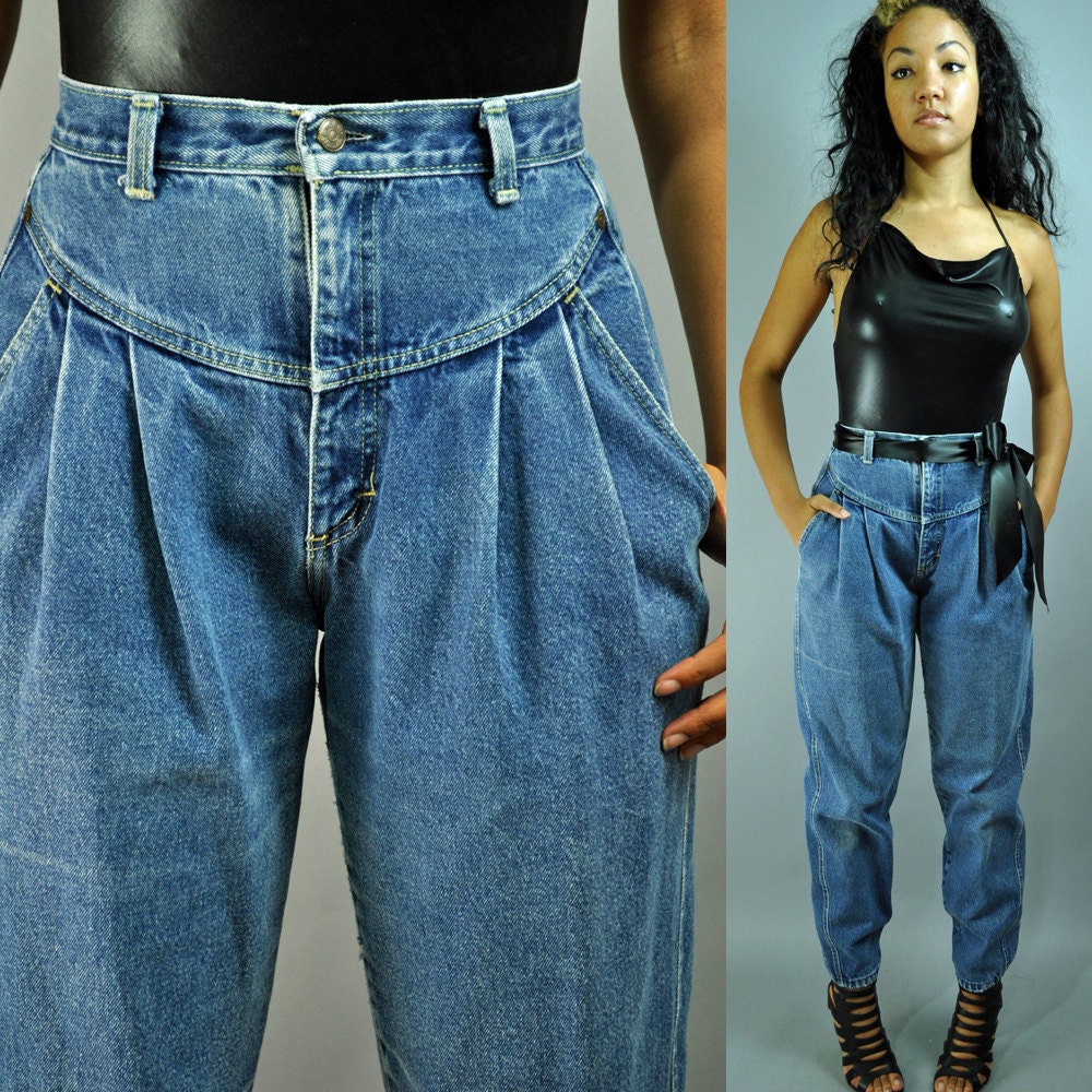 80s super HIGH WAIST jeans - ZENA harem jeans w/ distressed stone wash & pleated drop waist M / Medium