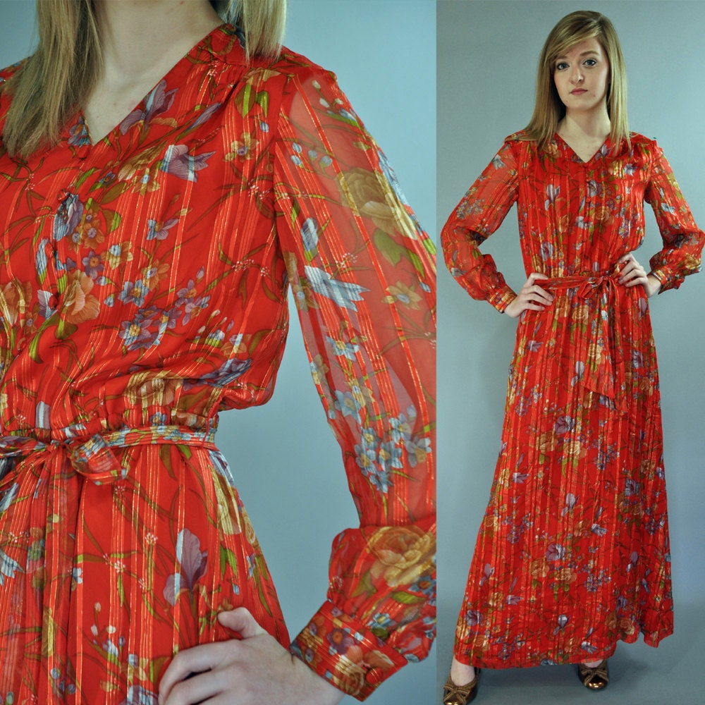 50s Sheer EVENING DRESS - sheer floral maxi party dress w/ sheer balloon sleeves & full flare skirt S / Small