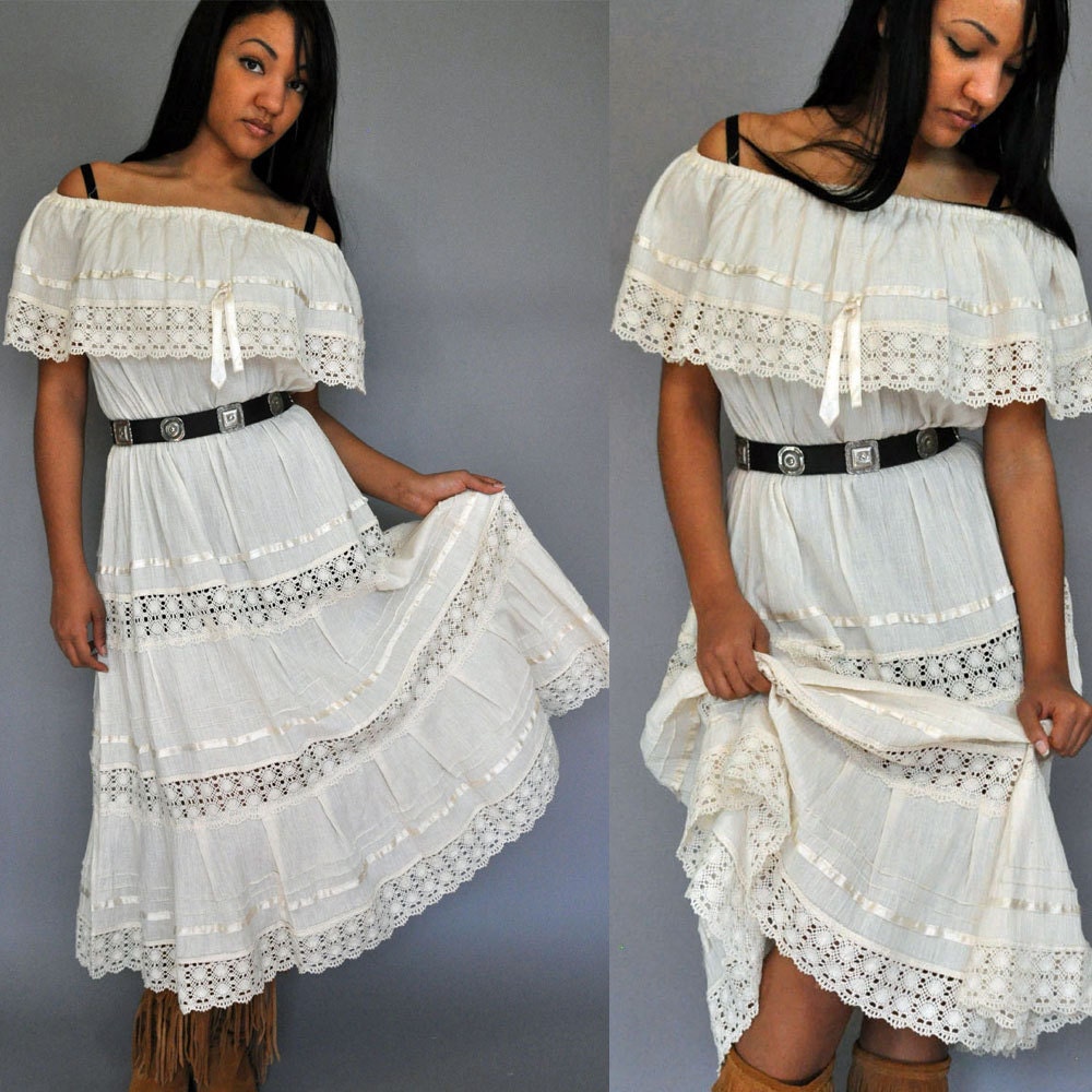 70s dress Romantic Bohemian Maxi Dress / HIPPIE DRESS / Cotton Gauze & Crocheted Lace Gypsy Dress M/L medium / large
