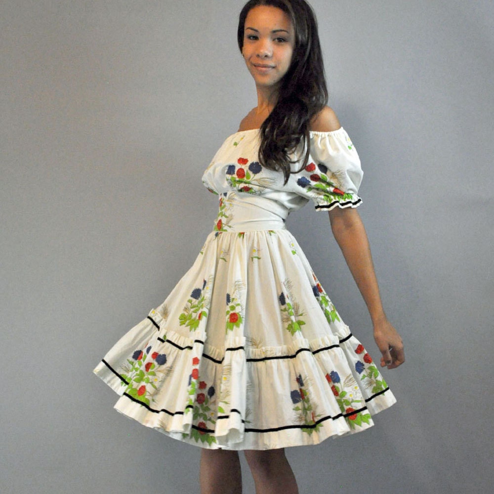 50s dress PARTY DRESS / full skirt ruffle dress / off shoulder peasant dress Nita Smith Original S/M Small Medium