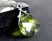 Olive Green Crystal Necklace, Swarovski Crystal Briolette Pendant, Oxidized Sterling Silver Chain - Olive Grove