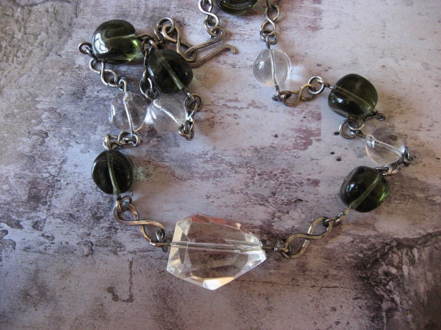 Bead Necklace, Vintage Glass Beads, Sterling Silver Necklace, Olive and Crystal, Statement Necklace
