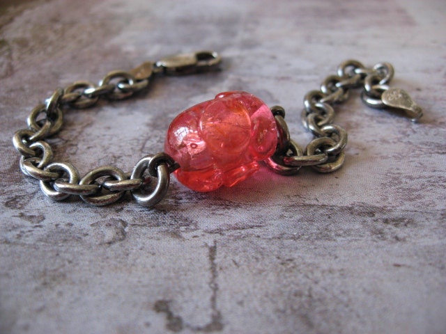 Barrel and Chain, Vintage Glass Bead, Sterling Silver, Beaded Bracelet, Watermelon, Rolo Chain