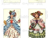 Vintage World Dolls - 8.5 x 11 inch Digital Collage Sheet - w/ 24 images - 12 - 1 x 2 inch domino size images  and 12 one inch round images