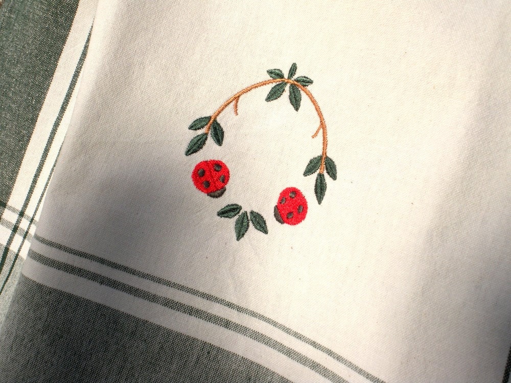 Ladybug Wreath Embroidered Towel Garden Spring Kitchen Home Decor Cute Gardener Floral  Rustic Lodge Cabin