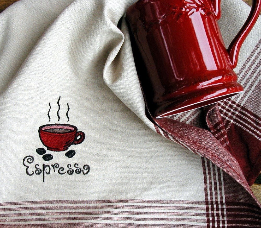 Coffee Espresso Coffee Cup Embroidered Tea Towel Cranberry Red Home Decor Gift Rustic Cabin Decor