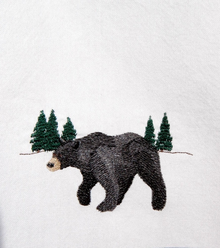 Bear Black Embroidered Cabin Kitchen Towel Woodland Pine Forest Rustic Lodge Home Decor