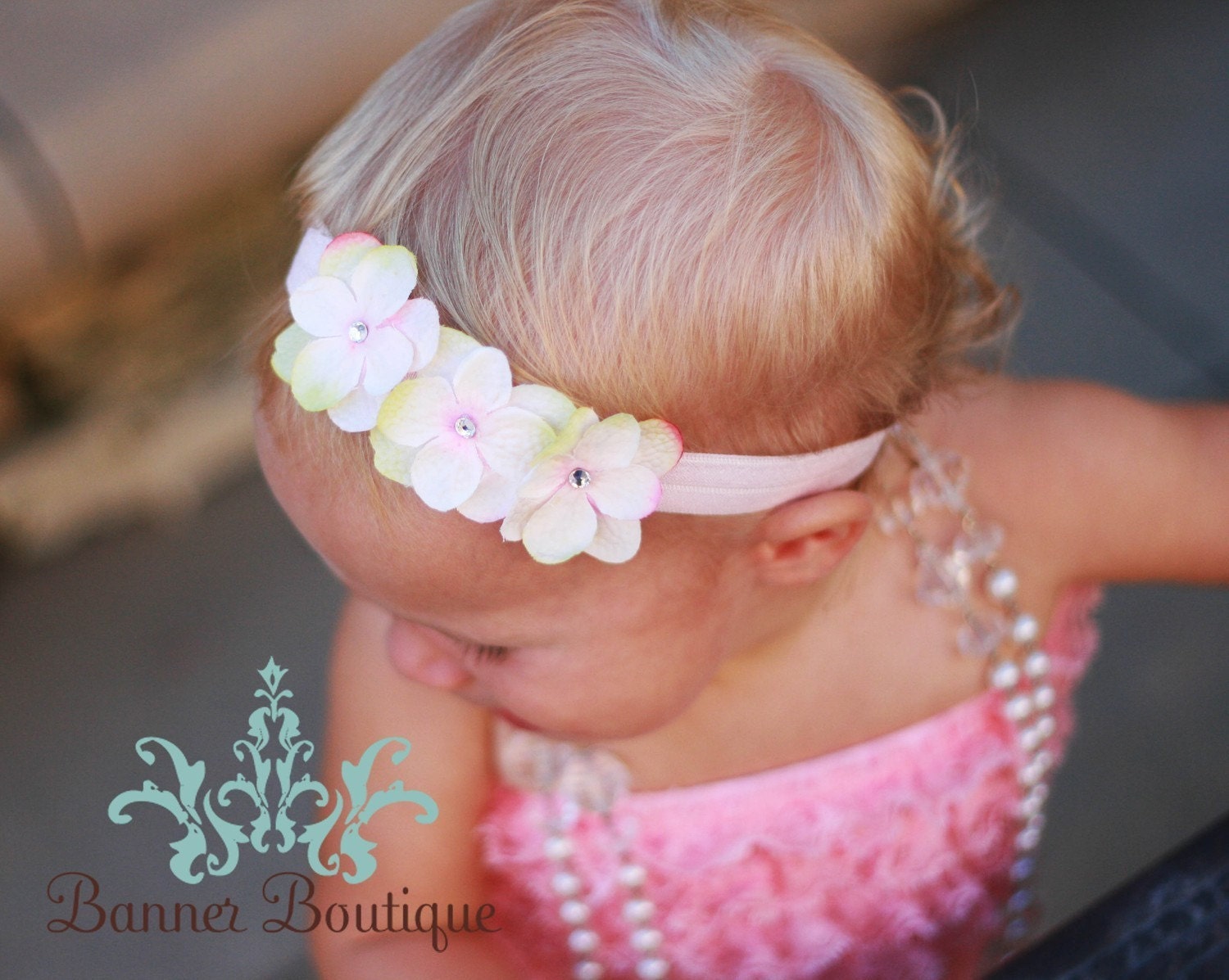 Light pink Triple Flower Headband in Soft Pink with hints of green yellow dark pink  TWO SIZES AVAILABLE Baptisms Christenings Weddings