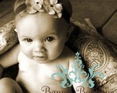 English Garden Double Small Flower Headband on Soft Stretch Cream Nylon Ribbon with Swarvoski crystals centers