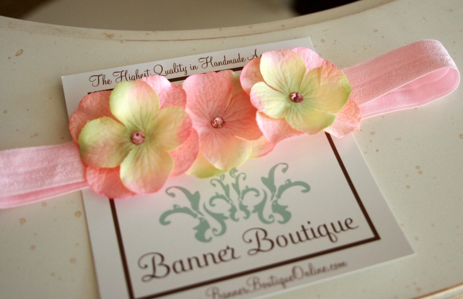 Pink with touch of Green Hydrangea Flower Headband with Swarovski Crystal centers