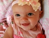 Ruffly Pink Double Dainty Flower Headband on Super Soft Light Pink Stretch Headband  TWO SIZES available Newborn Infant Toddler Baby Adult