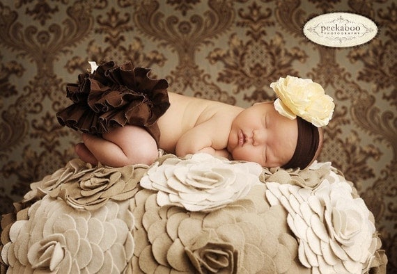 Only a few left...Gorgeous Shabby Chic Buttercream Flower on soft Chocolate Brown wide nylon headband with Extra Large Swarvoski Crystal Center   perfect for newborns infants babies and toddlers