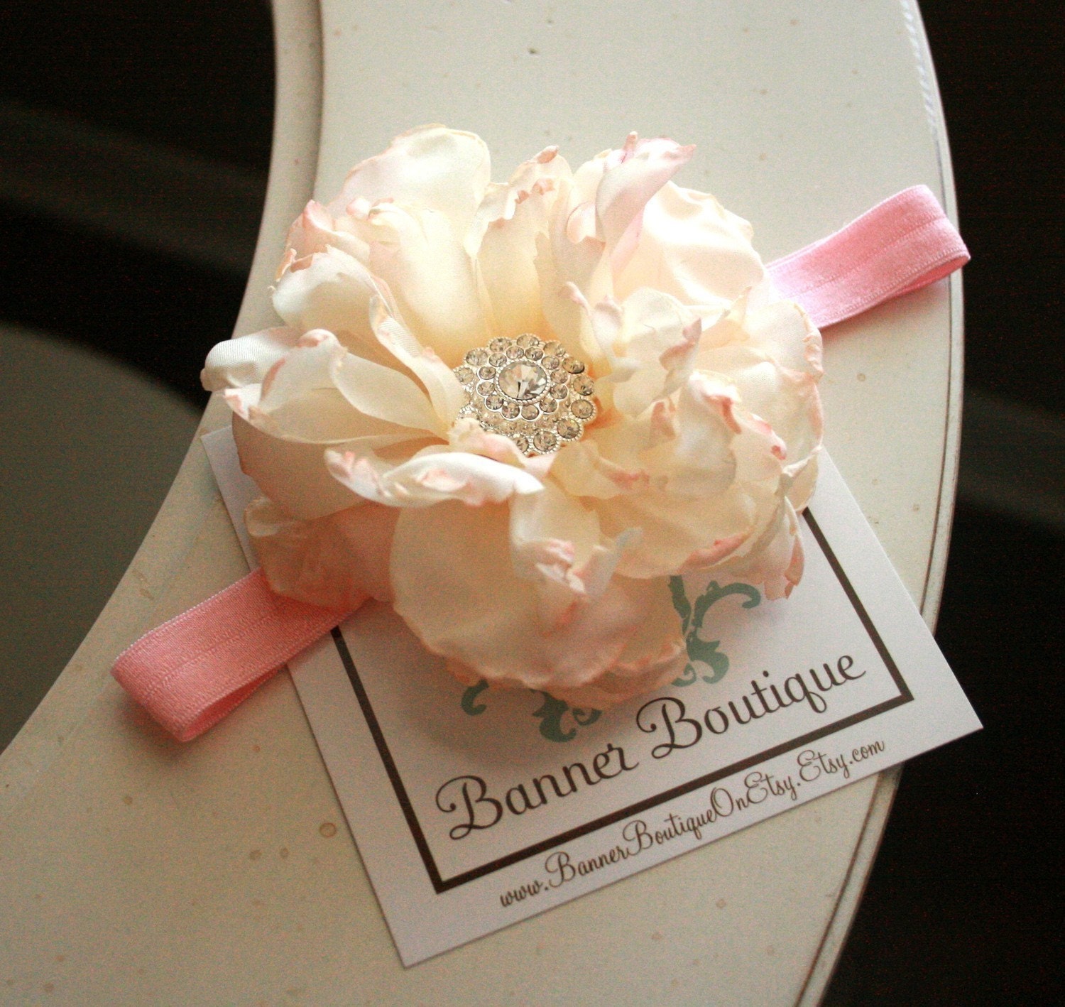 NEW COLOR...Market Pink and Cream Full Bloom Flower Headband with Extra Large Rhinestone Fashion center on Super Soft Thin Stretch Ballet Pink Headband TWO sizes available Baby Infant Toddler Tween Adult