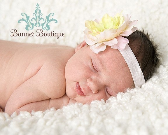 Pink and Green Flower Headband, Rhinestone Flower Headband, Newborn Headband, Baby Headband, All sizes available... The Spring Princess