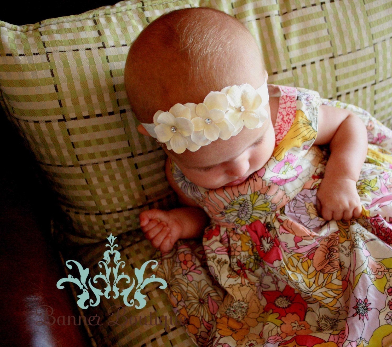 Cream Triple Flower Headband on Soft Stretch Nylon Ribbon with Swarvoski crystals center  TWO SIZES AVAILABLE Baptisms Christenings Weddings