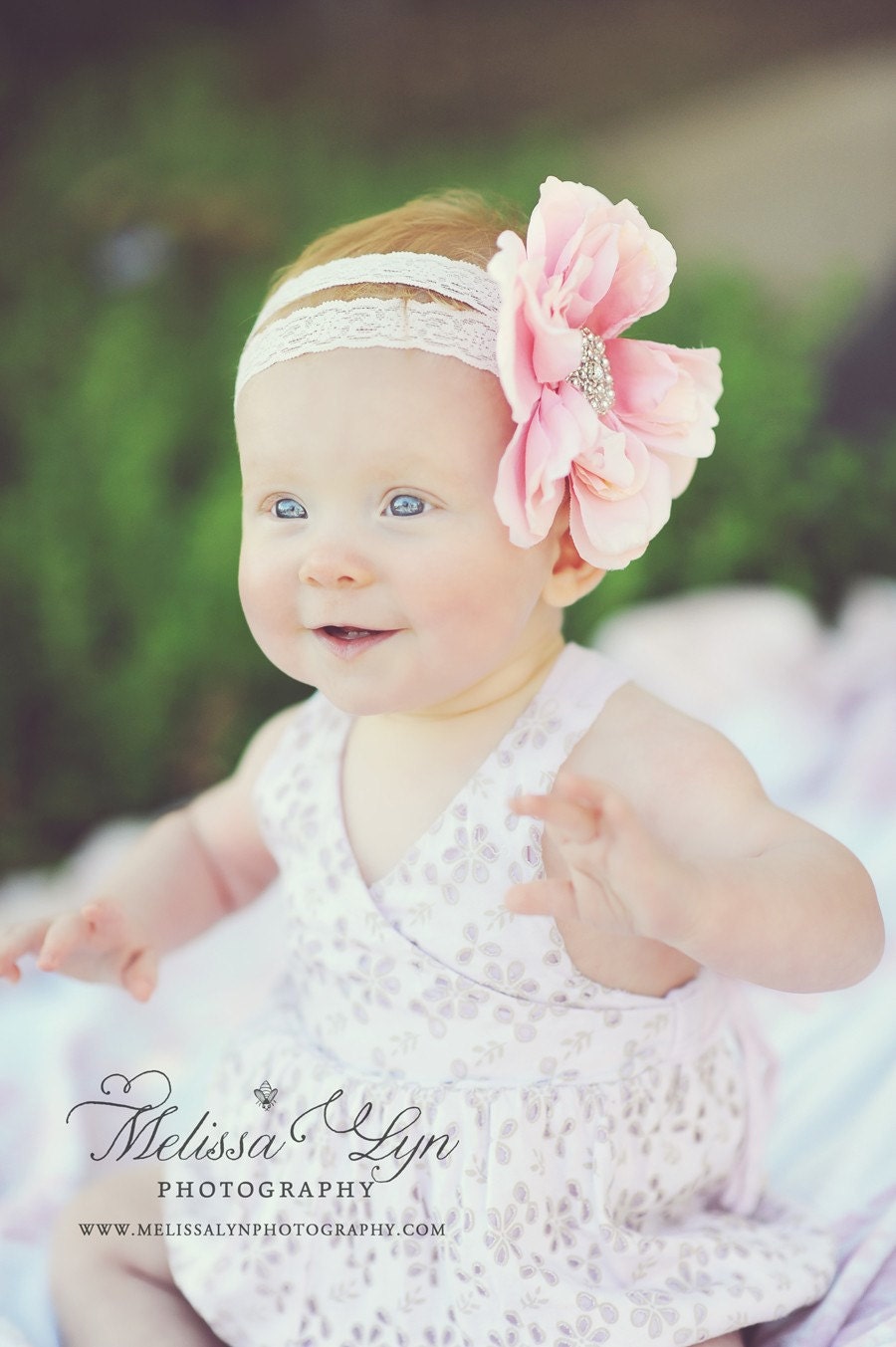 Blusk Pink or Off White Large Flower Headband with silver beaded center on double stretch ... Newborn Infant Baby Girl Adult ... The MIA