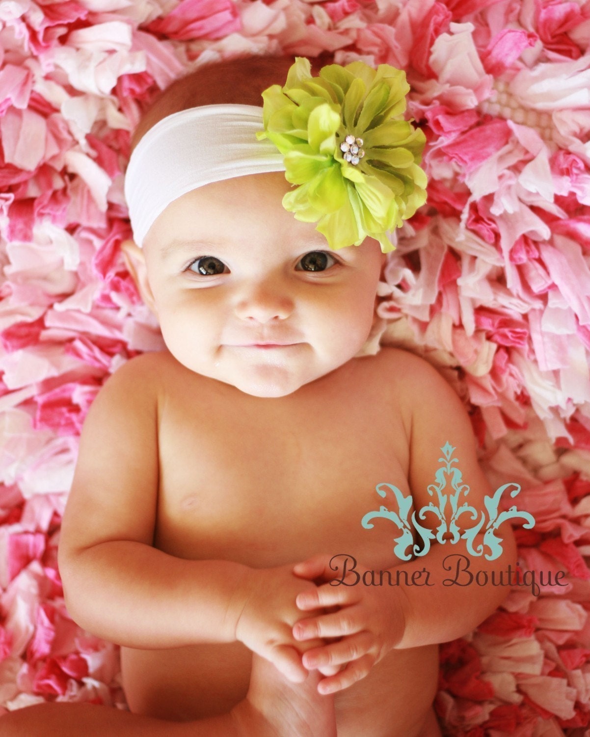 Lime Green Flower Headband, Newborn Headband, Soft Headband, White Headband, All Sizes Available, Rhinestones
