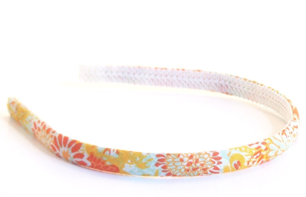 Skinny Bright Floral Headband - Moss Green, Marigold Yellow and Tangerine