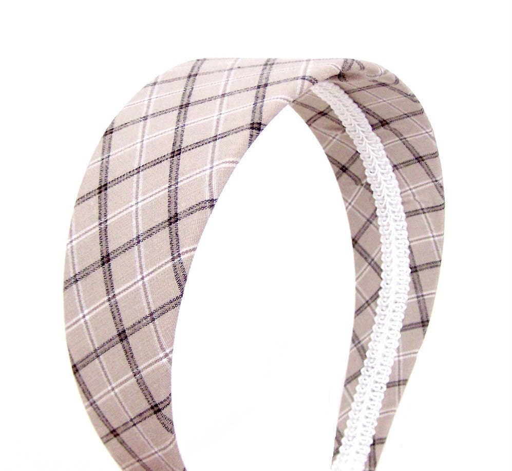 Wide Plaid Headband - Tan, black and white Plaid