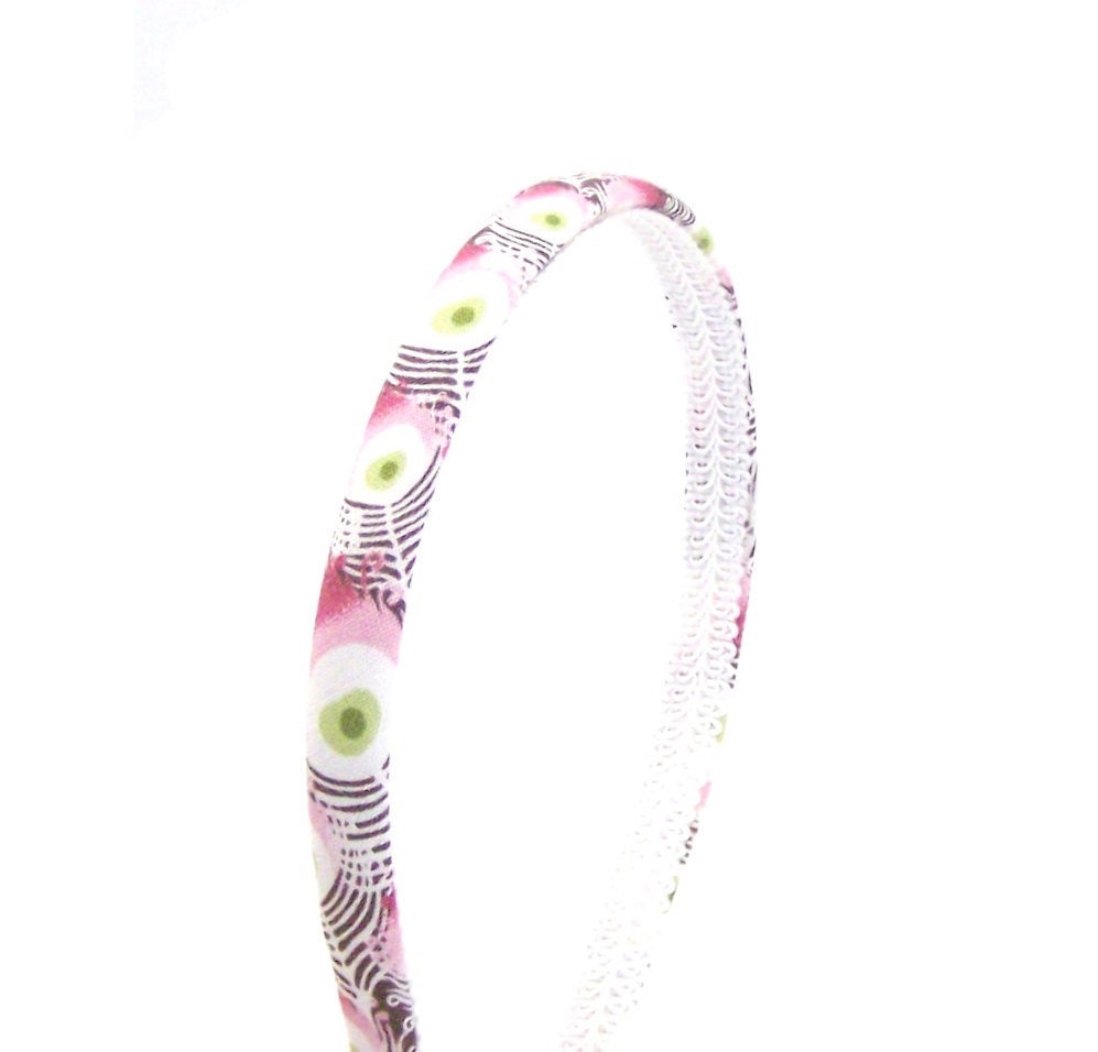 Peacock Headband - Peacock feathers print in pink, off-white, brown, lime.