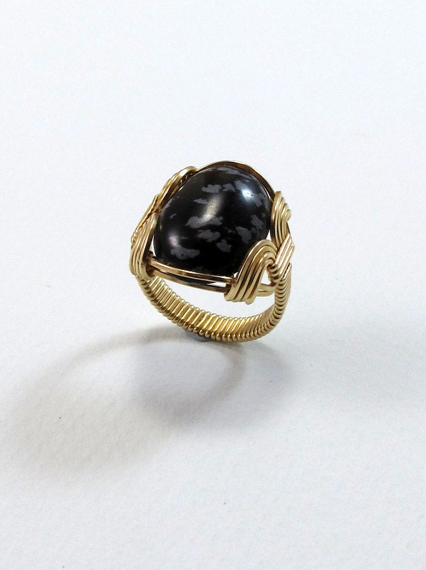 Ring, Wire Wrapped, Snowflake Obsidian Ring, Sterling Silver, Size 7 1/2 (US) - RiverGumJewellery