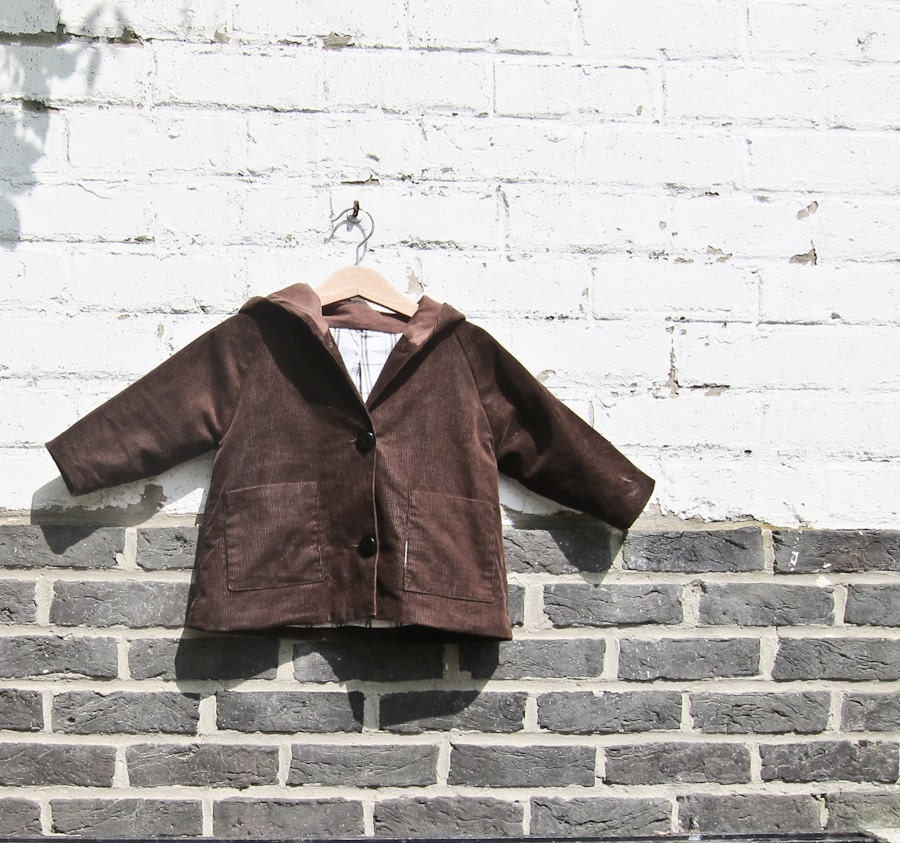 Sherlock brown corduroy hood jacket boy girl 2 yr. alternative clothing, hand made, pockets