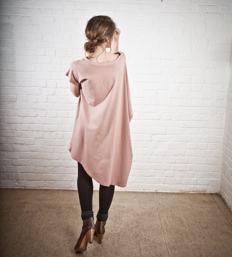 Pink nude color asymmetric loose volume jersey dress size medium large pleated bohemian avant garde