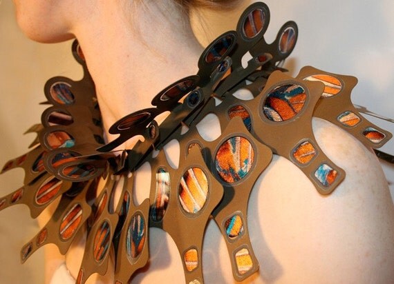 Golden Statement Necklace - yellow egyptian style collar necklace in titanium photograph resin inlay, silver leaf