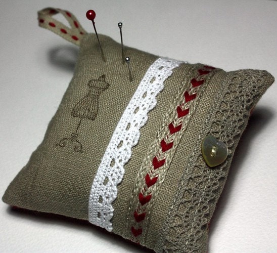 Pincushion, - Natural Linen Fabric, Cotton Lace, Red Trim, Mother of Pearl Button - RUSTIC RED