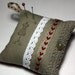 Pincushion, - Natural Linen Fabric, Cotton Lace, Red Trim, Mother of Pearl Button - RUSTIC RED