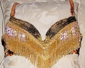 Gold belly dancing bra with hand beaded glass bead fringe size 42 B