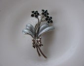 Vintage Trio of Flowers Tied with a Bow Deep Blue Rhinestone Brooch or Pin