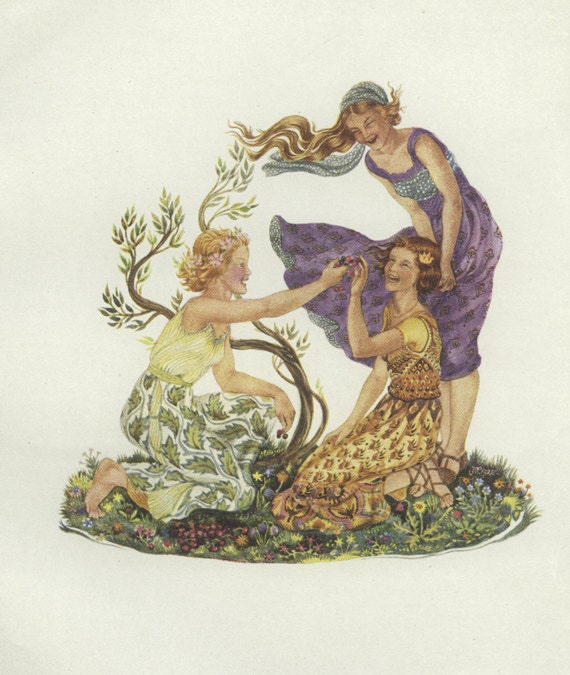 1920's Vintage Children's Print: Laughing Song, Art Nouveau, Jacynth Parsons, Flowers, Girls, Singing, Playing,t